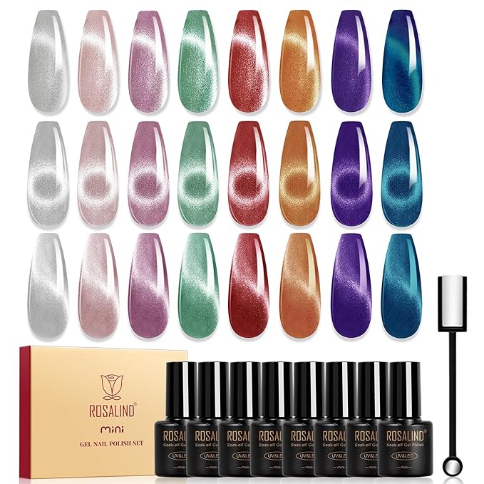 ROSALIND 8PCS Cat Eye Gel Polish with Magnet Stick - Magnetic Cat eye Gel Nail Polish Sparkle Diamond Effect Magic Magnetic Glitter Soak Off Led Nail Art DIY Salon Gifts For Women-Velvo Beauty