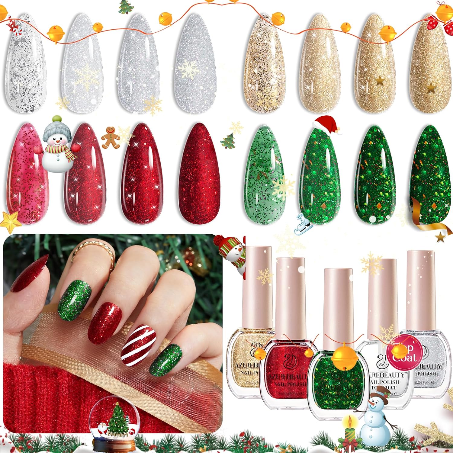 AZUREBEAUTY Nail Polish Set, 4 Colors Christmas Glitter Red Green Gold Silver Quick Dry Natural Fingernail Lacquer Strengthening Treatment Kit with Top Coat DIY Salon at Home-Velvo Beauty