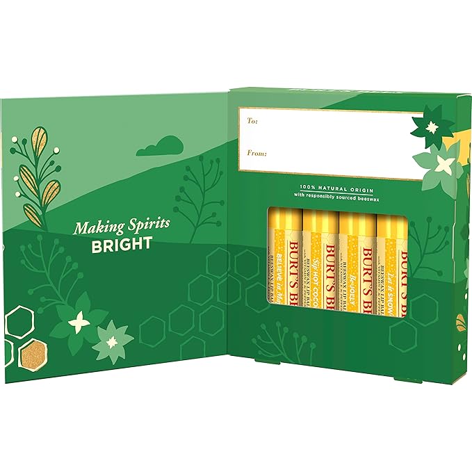 Burt's Bees Christmas Gifts, 4 Lip Balm Stocking Stuffers Products, Jingle Balms Set - Classic Beeswax Moisturizing Lip Balm-Velvo Beauty