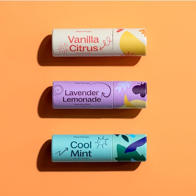 Plant Therapy Love Your Lips Lip Balm Trio Set 0.9 oz (25.5 g) Simple, Natural Ingredients & Packaged in Eco-Friendly Recyclable Cardboard, Refreshing Flavors Including: Lavender Lemonade, Vanilla Citrus, Cool Mint-Velvo Beauty