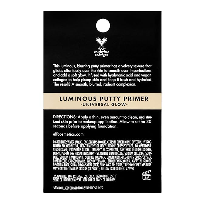 e.l.f. Luminous Putty Primer, Skin Perfecting, Lightweight, Silky, Long Lasting, Hydrates, Creates a Smooth Base, Illuminates, Plumps, Infused with hyaluronic acid and vegan collagen, 0.74 Oz-Velvo Beauty