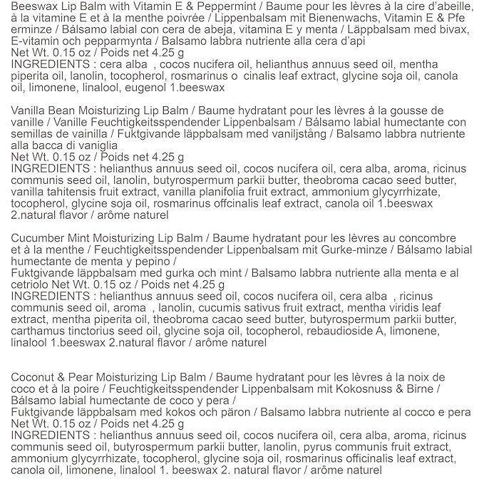 Burt's Bees Holiday Gift, 4 Lip Balms Stocking Stuffer, Assorted Mix Set, Classic Beeswax, Vanilla, Cucumber Mint & Coconut And Pear-Velvo Beauty