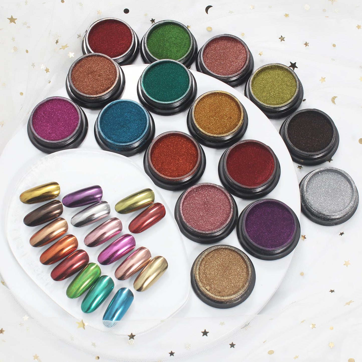 Artdone 16 Jars Chrome Nail Pearl Powder Silver and Gold Mirror Iridescent Aurora Metallic Nail Pigment Pearlescent Mermaid Pigment Pearl Dust Kit, Nail Art Decoration, Acrylic Resin Craft-Velvo Beauty