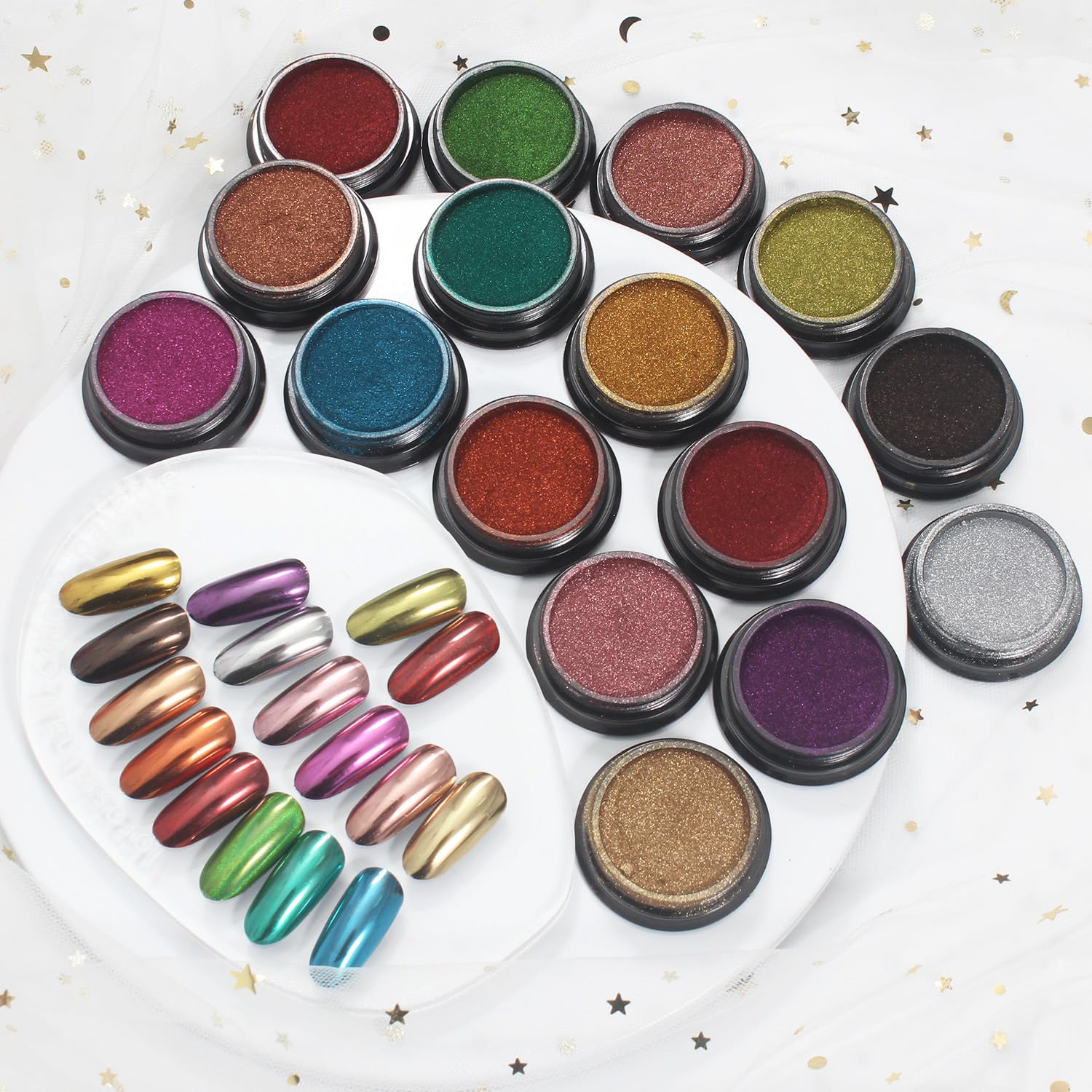 Artdone 16 Jars Chrome Nail Pearl Powder Silver and Gold Mirror Iridescent Aurora Metallic Nail Pigment Pearlescent Mermaid Pigment Pearl Dust Kit, Nail Art Decoration, Acrylic Resin Craft-Velvo Beauty