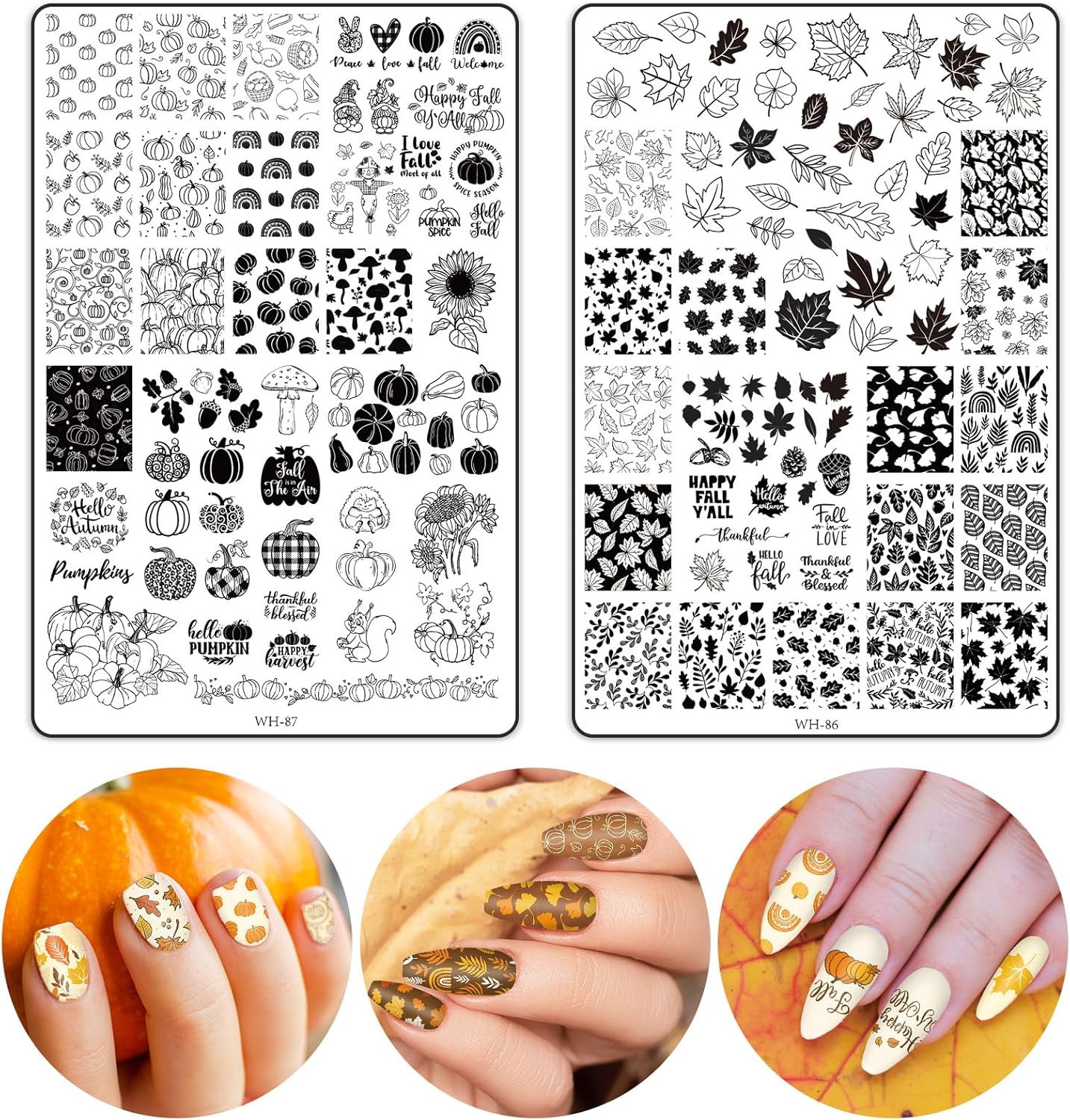 2 Sheet Fall Thanksgiving Nail Art Stamping Plate Kit Assorted Pumpkins Maple Leaves Autumn Blessing Collection Nail Art Plate for Holiday DIY Print Manicure Salon, 5.7 x 3.7inch-Velvo Beauty