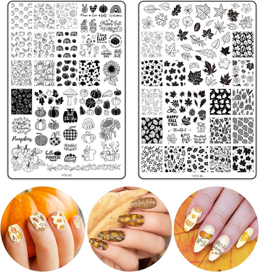 2 Sheet Fall Thanksgiving Nail Art Stamping Plate Kit Assorted Pumpkins Maple Leaves Autumn Blessing Collection Nail Art Plate for Holiday DIY Print Manicure Salon, 5.7 x 3.7inch-Velvo Beauty