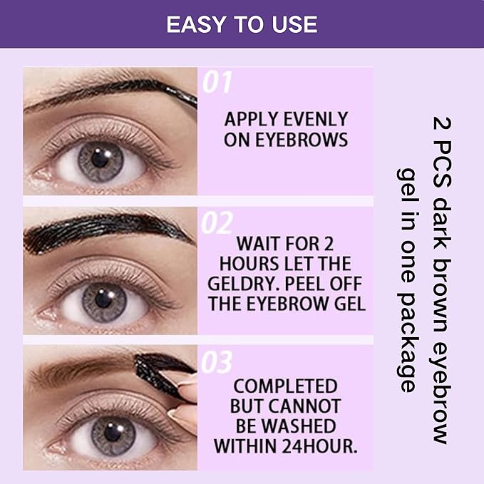 2 Pcs Dark Brown Easy Peel Off Eyebrow Gel, Tattoo Eyebrow Tint, Waterproof & Sweatproof Peel Off Tinted Eyebrow, Long-lasting Natural Color Up to 3 Days, Eyebrow Tattoo for All Skin Types (#01)-Velvo Beauty