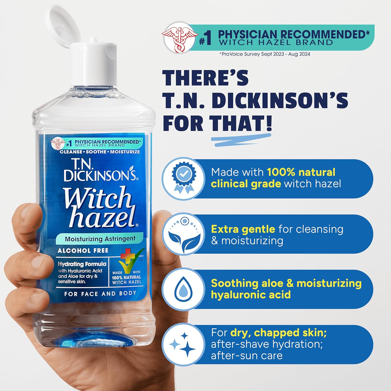 T.N. Dickinson's Witch Hazel Alcohol Free Moisturizing Astringent | 100% Natural Witch Hazel | Calms, Nourishes, Hydrates Skin | for Face & Body | 16 Fl Oz-Velvo Beauty