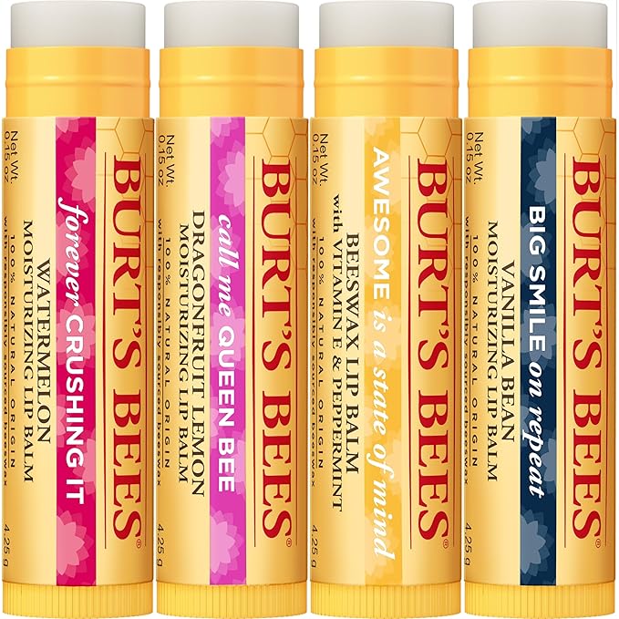 Burt's Bees Lip Balm, Moisturizing Lip Care, 100% Natural, Discover U - Original Beeswax, Watermelon, Dragonfruit Lemon & Vanilla (4 Pack)-Velvo Beauty