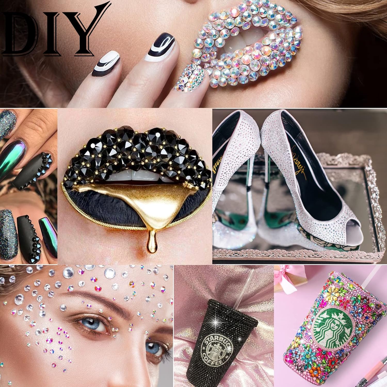 Canvalite 2784PCS Black Rhinestones Flat Back Gems, Nail Rhinestones Nail Art Gems with 5Pcs Jewelry Glues, Tweezers and Rhinestone Picker, Nail Art Tools for Nails, Clothes, Face, Crafts-Velvo Beauty