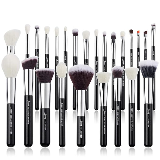 Jessup 25pcs Professional Makeup Brush Set Foundation Powder Concealer Eyeshadow Blending Blush Highlighter Natural-Synthetic Hair Brushes (Black/Silver)-Velvo Beauty