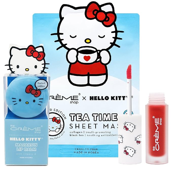 Beauty Bundle The Creme Shop X Hello Kitty Macaron Lip Balm For Cracked/Dry Lips, Hello Kitty Kawaii Kiss Lip Oil Tinted Apple & K-Beauty Tea Time Face Mask; Plumping & Youthful-Velvo Beauty