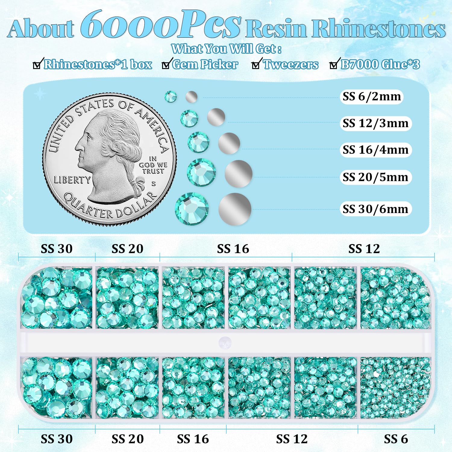 6000Pcs Resin Rhinestones for Bedazzling with 3Pcs B7000 Jewelry Glue, 1 Box Aquamarine Flatback Rhinestones for Crafting Crafts DIY, Crystals Gems for Clothing Shoes Tumblers Nail Art Makeup-Velvo Beauty