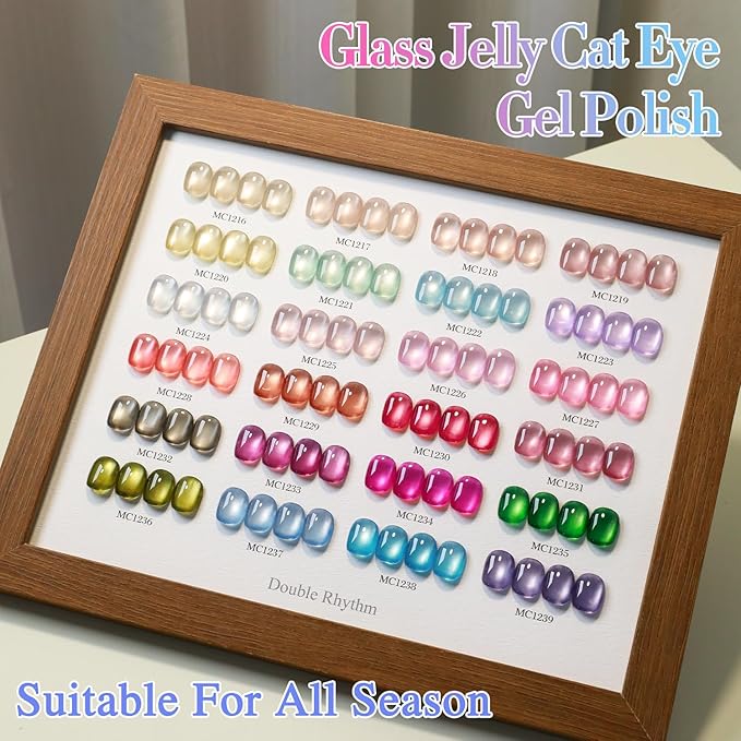 Double Rhythm 28Pcs 0.5Oz Glass Cat Eye Gel Nail Polish Set Same Color Same Bottle Soak Off Magnetic Jelly Gel Polish Kit Nail Art Manicure Salon DIY at Home (Nude Pink Blue Green-T24-10)-Velvo Beauty
