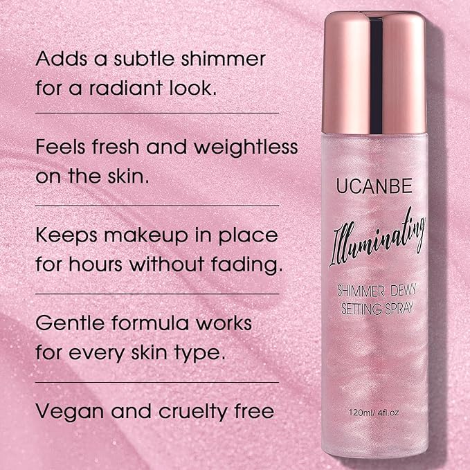 UCANBE Shimmer Dewy Setting Spray – Glowing + Makeup Setting Spray 2 in 1 Lightweight Formula for a Radiant Glow,Long-Lasting Face Mist for Face Body, 4 Fl Oz #Bubblegum-Velvo Beauty