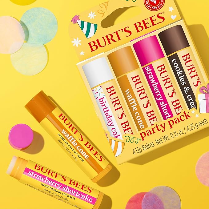 Burt's Bees Lip Balm Party Pack - Birthday Cake, Waffle Cone, Strawberry Shortcake, and Cookies & Cream, All Day Moisturizer, Tint-Free, Natural Origin Conditioning Lip Treatment, 4 Tubes, 0.15 oz.-Velvo Beauty