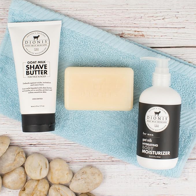 Dionis Goat Milk Skincare Men's Unscented Bath & Body 3pc Gift Set - Blended Shea Butter & Jojoba Oil Shave Butter For Sensitive Skin, Unscented Hydrating Moisturizer & Nourishing Bar Soap For Men-Velvo Beauty