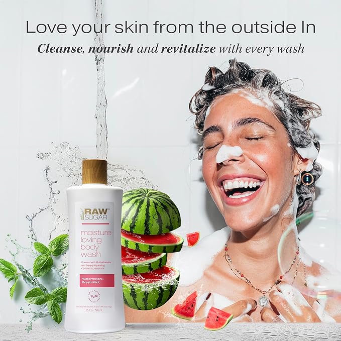 RAW SUGAR Simply Body Wash, (25 Fl Oz, Pack of 1) Bath Soap, Formulated without Sulfates & Parabens (Watermelon + Fresh Mint)-Velvo Beauty