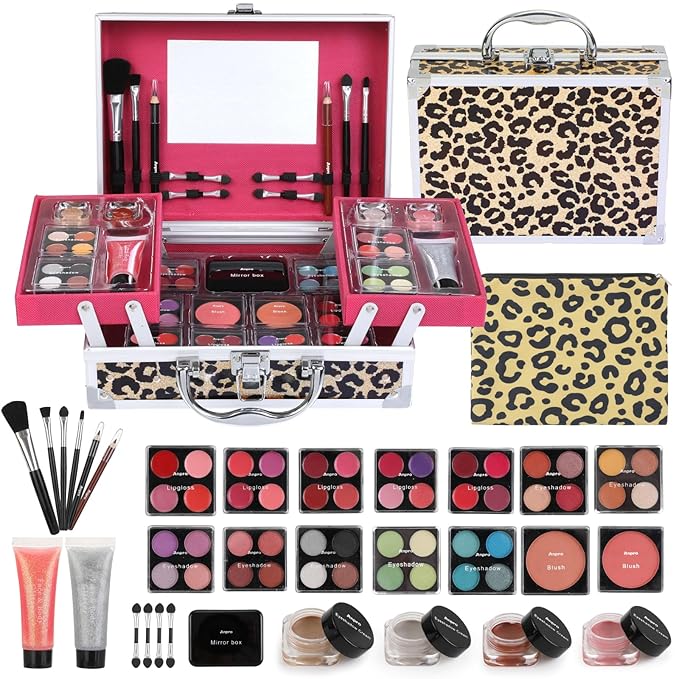 Anpro All-In-One Leopord Double Folding Makeup Carry Case with Pro Teen Makeup Set, Full Starter Kit with Makeup Brushes, Lipsticks, Eyeshadow Palette, Blushes, Glitter Gel, Ideal Present for Girls-Velvo Beauty