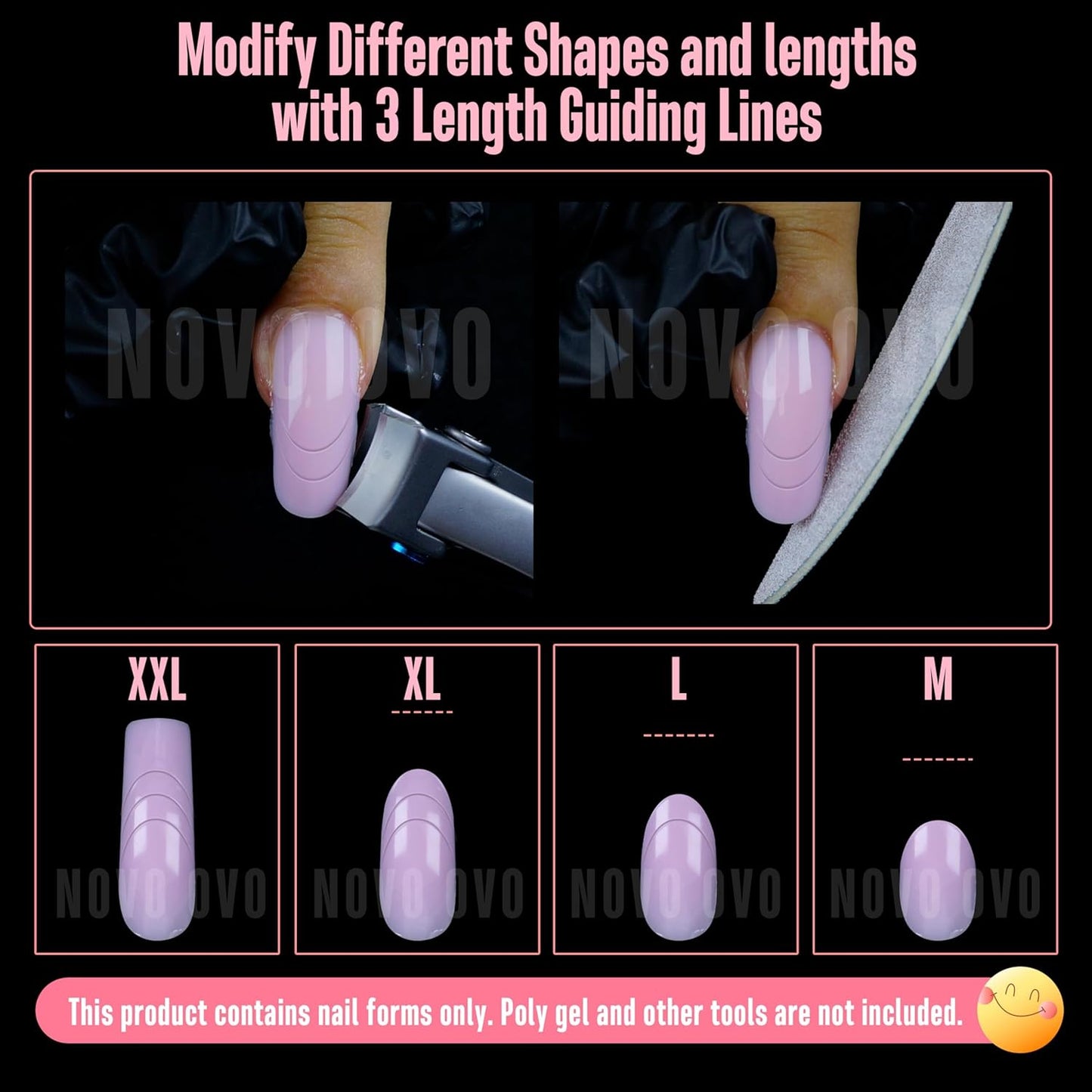 Helloween Curved Square Nail Dual Forms for Poly Gel Extension with Guiding Line Inside, M L XL Reusable Full Cover Acrylic/Builder/Hard Gel Polygel Molds for Salon DIY x 15 sizes 150 Pcs-Velvo Beauty