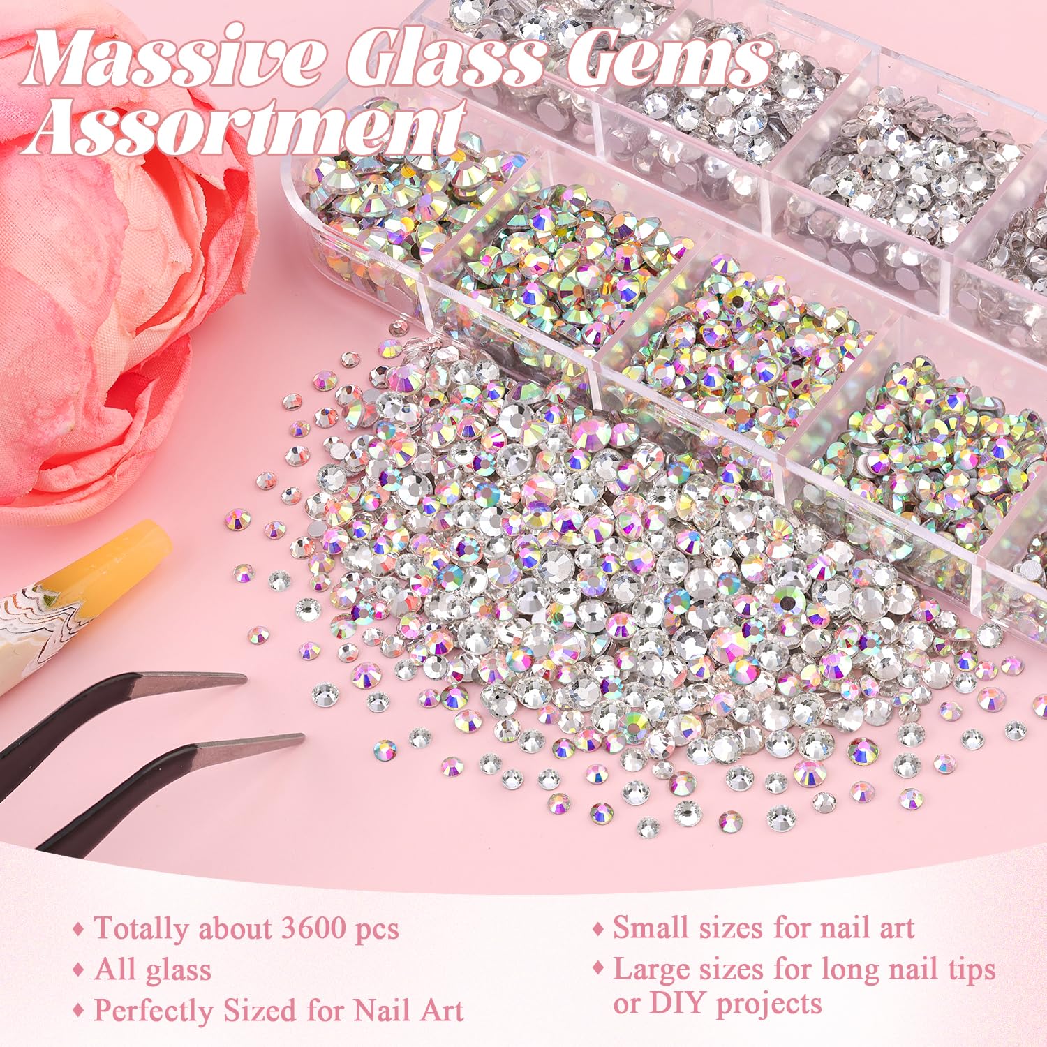 3600pcs Glass AB and Transparent White Nail Rhinestones 6 Sizes(1.8/2/2.4/2.8/3/4mm) Flatback Crystal Nail Charms Jewels Decoration for Nail Art and Crafting, Tweezer and Pickup Pen included-Velvo Beauty