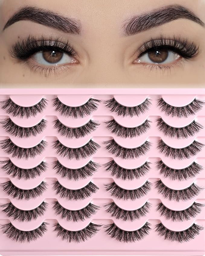 FARRED Cat Eye Lashes False Eyelashes Short Wispy Lash Strips Volume Eyelash 14 Pairs Cateye Medium Length False Clear Band Lashes Natural Looking Hybrid Clusters Full Strip Lashes (F25 | 8-14mm)-Velvo Beauty