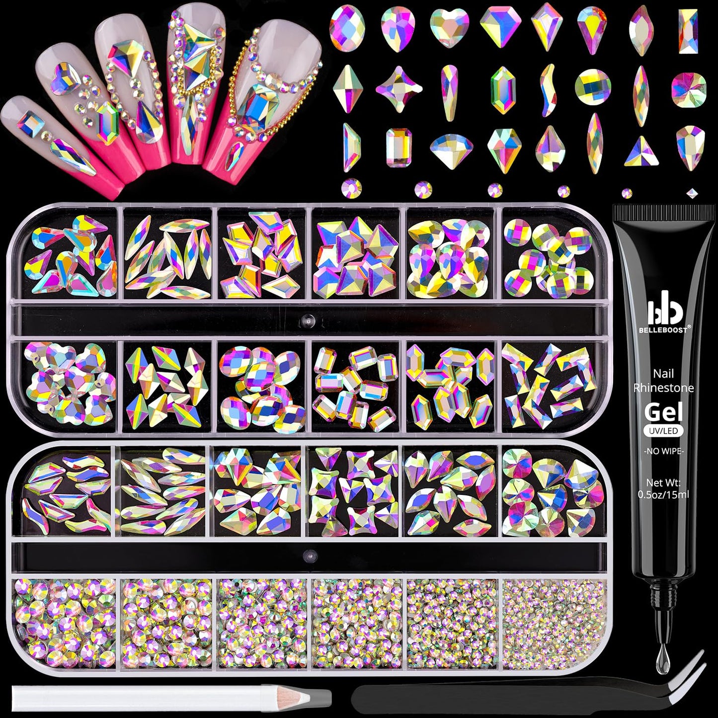 1680Pcs AB Glass Nail Rhinestones 180Pcs Multi Shapes Flatback Nail Gems + 1500Pcs 1.5-4mm Round Crystal with Rhinestones Glue Gel, Manicure Nail Charms Diamond Gemstones for Nail Art-Velvo Beauty
