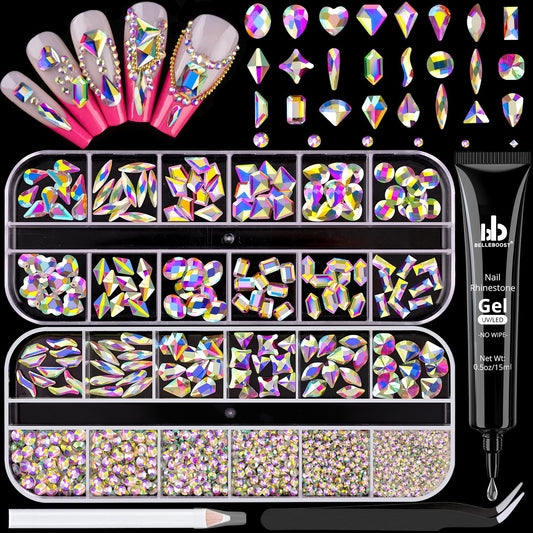 1680Pcs AB Glass Nail Rhinestones 180Pcs Multi Shapes Flatback Nail Gems + 1500Pcs 1.5-4mm Round Crystal with Rhinestones Glue Gel, Manicure Nail Charms Diamond Gemstones for Nail Art-Velvo Beauty