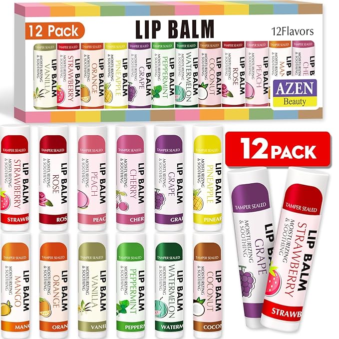 AZEN 12 Pack Lip Balm, Natural Lip Balm Bulk, Lip Care Product, Moisturizing Lip Balm for dry cracked lips - 12 Flavors-Velvo Beauty