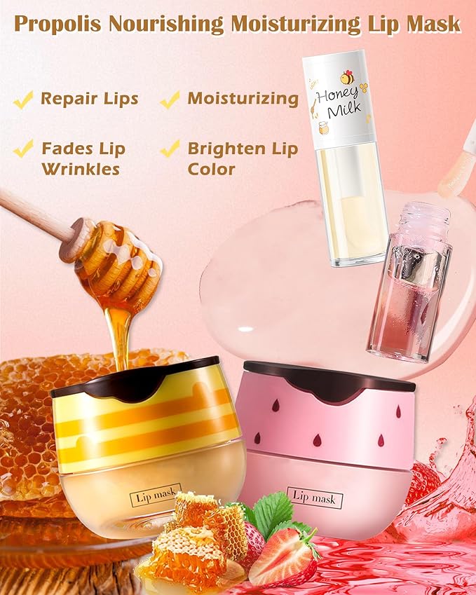 2PCS Strawberry Lip Balm Honey Pot Lip Mask & Hydrating Lip Glowy Oil Lip Care Set, Lip Moisturizing Treatment Nourishing Lip Gloss, Reduce Lip Line & Plump Dry Cracked Lip Scrub Exfoliator -Set B-Velvo Beauty
