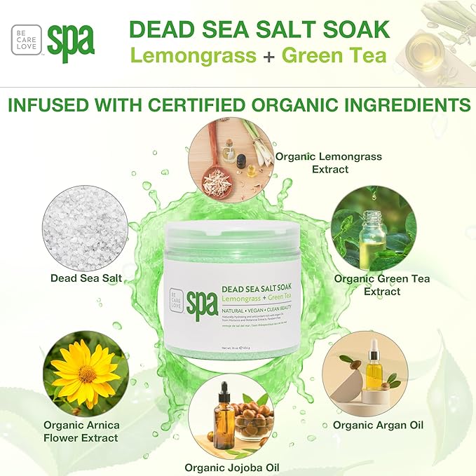 BCL SPA Dead Sea Salt Soak - Bath Salt with Organic Lemongrass + Green Tea, Shae Butter, Arnica, Aloe Vera Juice, Chamomile, Argan Oil & Jojoba Oil - Skin Exfoliator - Home/Professional Use 16 fl oz-Velvo Beauty