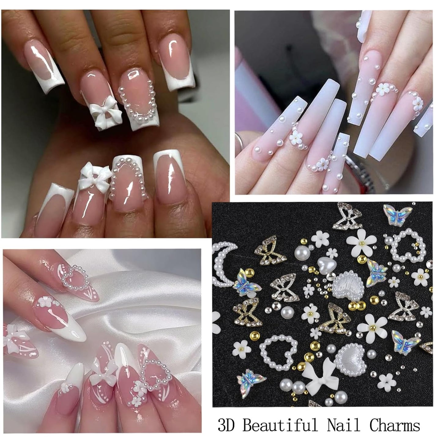 Nail Art Charms with Rhinestones Glue Gel White Flatback Pearls Flower Butterfly Nail Gems Supplies Accessories Gold Silver Nails Decoration Pearls for Women Nails Design-Velvo Beauty