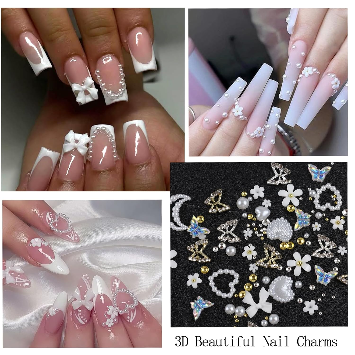 Nail Art Charms with Rhinestones Glue Gel White Flatback Pearls Flower Butterfly Nail Gems Supplies Accessories Gold Silver Nails Decoration Pearls for Women Nails Design-Velvo Beauty