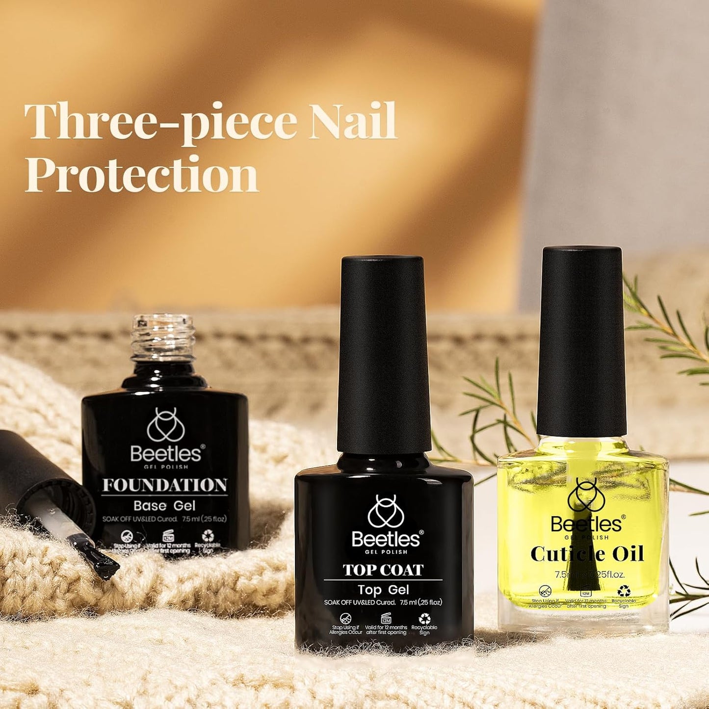 Beetles Gel Top Coat Base Coat and Cuticle Oil Set 3Pcs, No Wipe Top Gel Glossy Shine Long Lasting, Cuticle Oil Care for Dry Damaged for Stronger Nails-Velvo Beauty