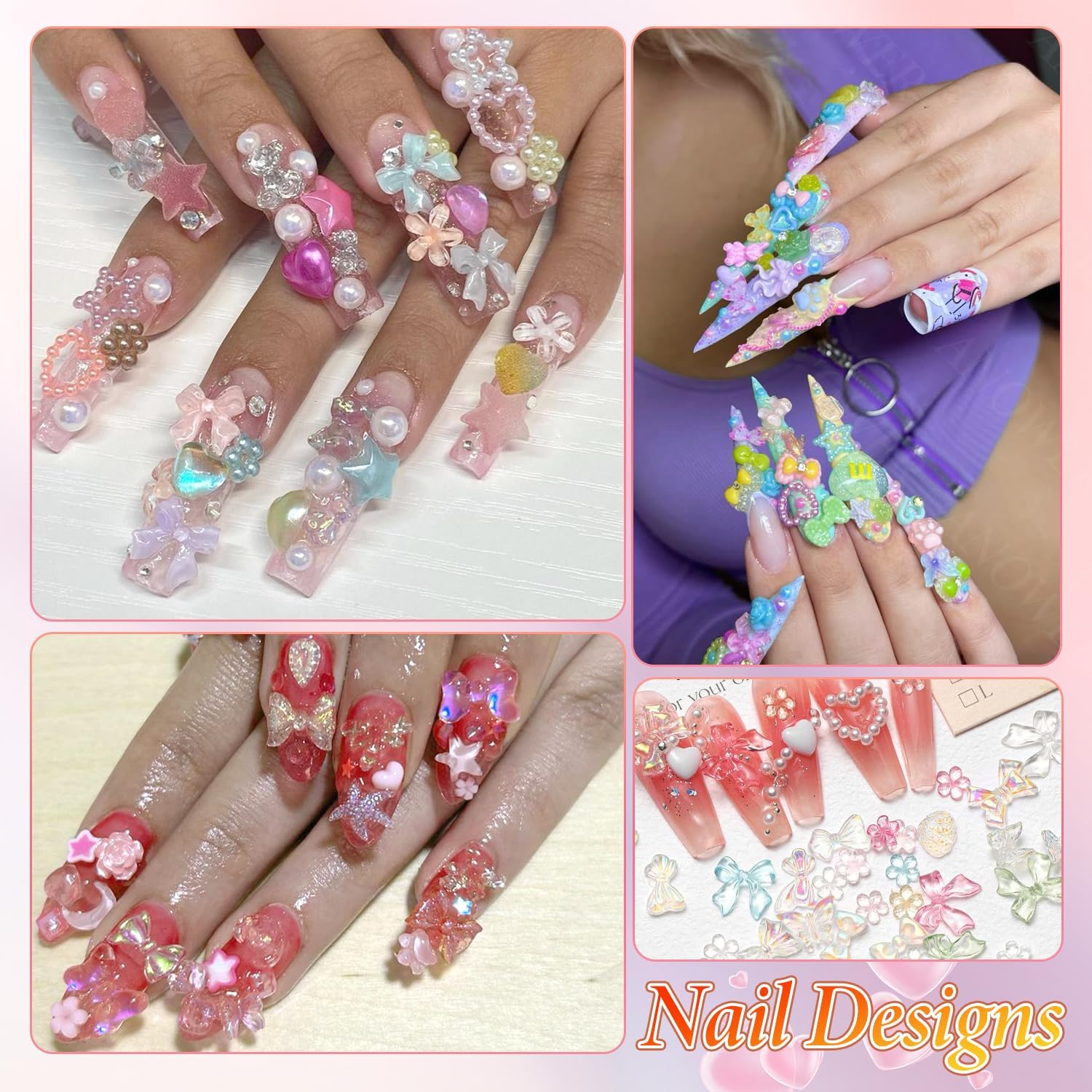 3D Nail Charms and Gems Mix Styles Butterfly Flower Bow Heart Colorful Assorted Nail Art Charm for Acrylic Nails Design, Pearls Nails Charms with Rhinestones Tiny Beads with Tweezers-Velvo Beauty