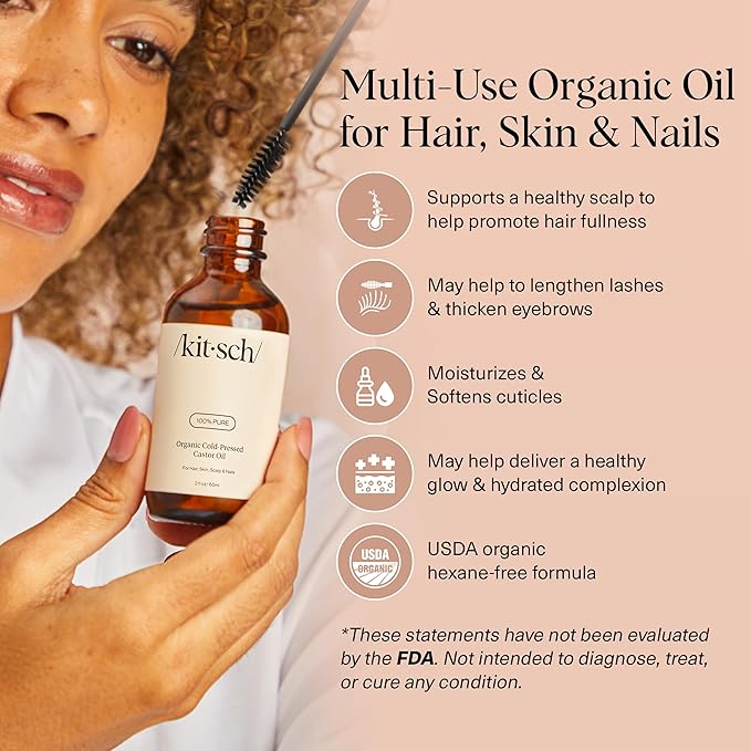Kitsch Organic Castor Oil for Hair Growth - 100% Pure Castor Oil, Organic Cold Pressed Unrefined Glass Bottle for Face, Skin, Lashes, Brows, Scalp, Nails & Belly Button - Hexane Free, USDA - 2 oz-Velvo Beauty