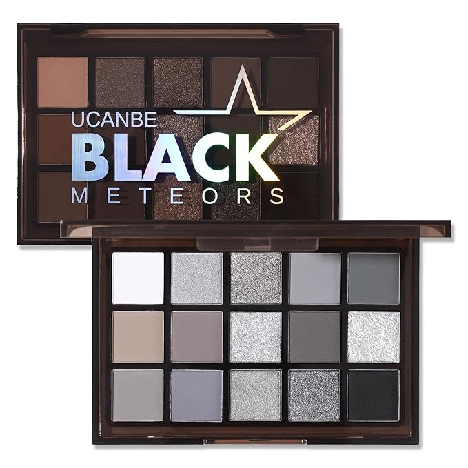 UCANBE Smokey Black Eyeshadow Palette, 15 Colors Dark Shimmer Matte Metallic Makeup Pallet, High Pigmented Gray Silver Sombras De Ojos Kit for Daily and Halloween-Velvo Beauty