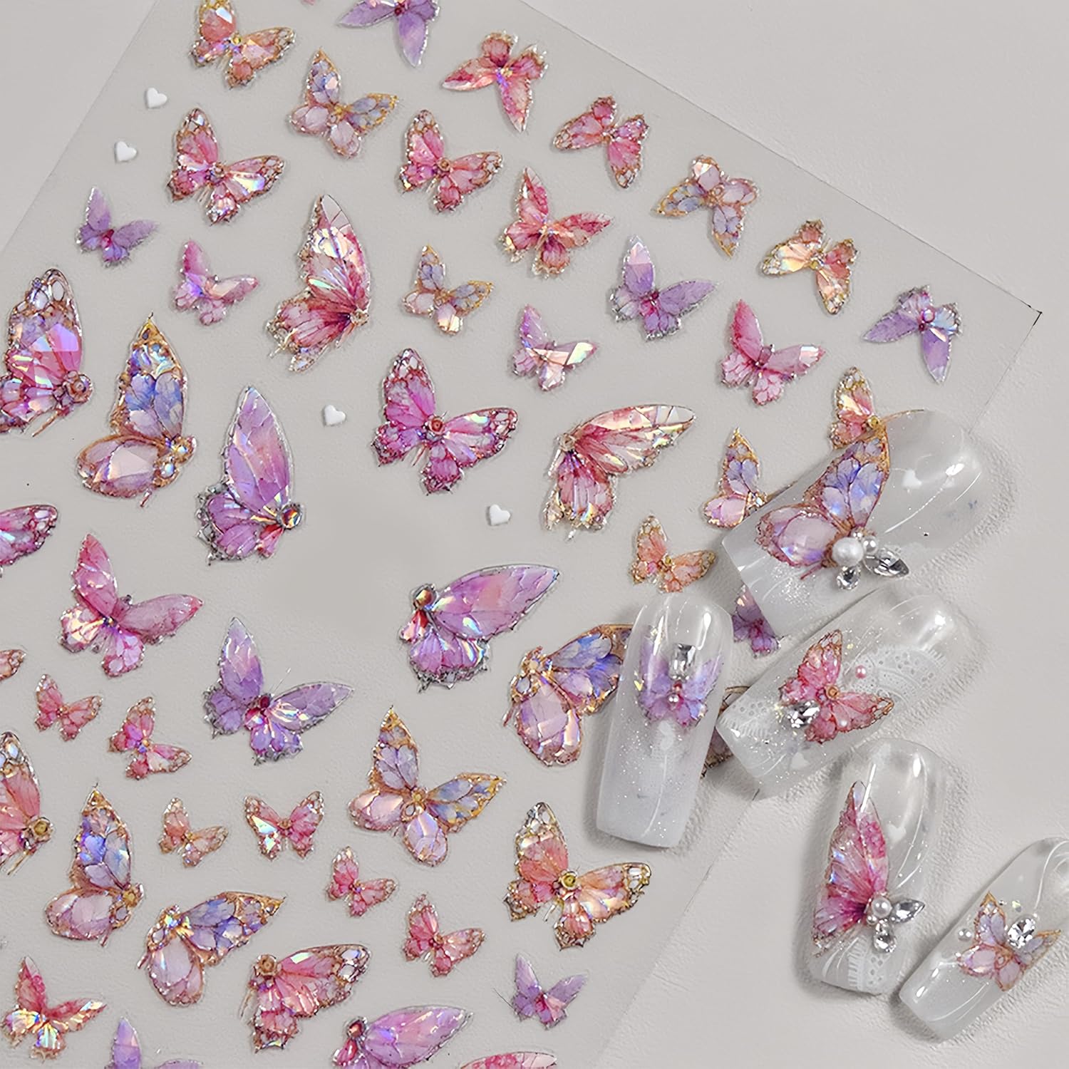 2 Sheets Butterfly Nail Art Stickers 5D Embossed Self-Adhesive Pink Aurora Sparkling Butterfly Nail Decals Designs for Women Girls DIY Nail Decoration-Velvo Beauty