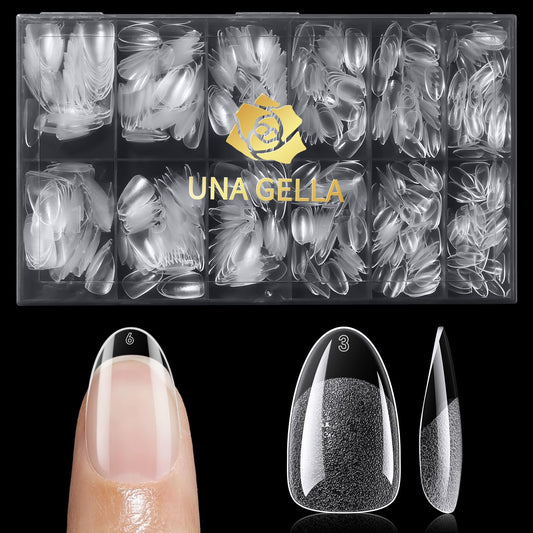 UNA GELLA 600Pcs Short Oval Almond Gel Nail Tips, Pre-file Round Almond Nail Tips 12 Sizes Soft Gel Clear Fake Nails Tips Full Cover for Nails Extension Home DIY Salon with Box-Velvo Beauty