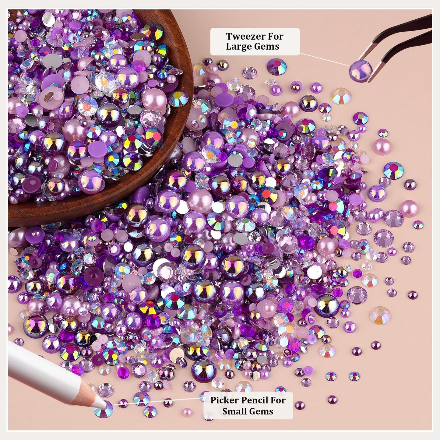 9000PCS Flatback Pearls and Rhinestones for Crafting, Purple Mixed Size 3-10mm Resin Rhinestones and Half Pearls for Bedazzling, Nail Art and Decoration with Tweezer and Pickup Pencil-Velvo Beauty