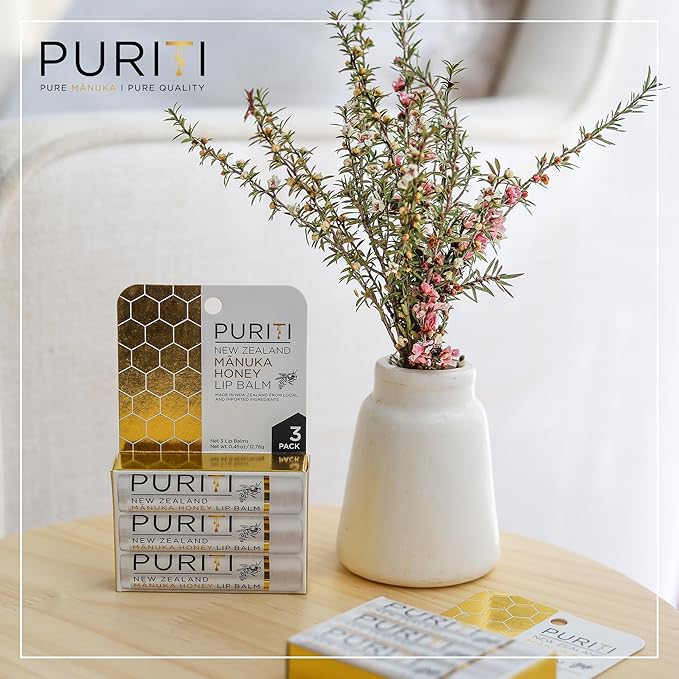 PURITI Manuka Honey Lip Balm – 3pack Soothing & Moisturizing, Enriched with Almond, Jojoba, Macadamia Oils, Cocoa Butter, Hydrating for Dry & Chapped Lips, 100% Genuine New Zealand Manuka Honey-Velvo Beauty