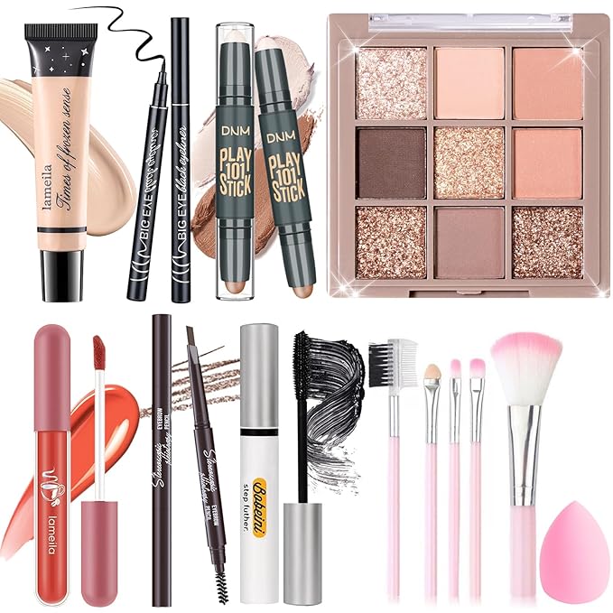 Makeup Set Kit for Women Girls Teens, Makeup Present Set, Includes 9 Color Eyeshadow, Counter Stick, Foundation, Eyebrow Pencil, Eyeliner, Mascara, Lip Gloss, 5Pcs Brushes, Sponge-Velvo Beauty