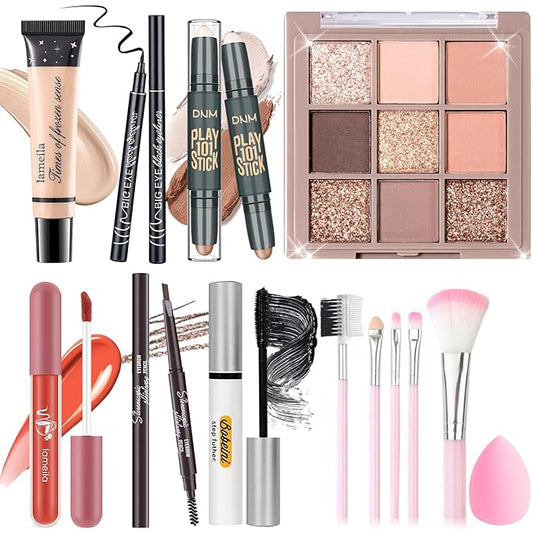 Makeup Set Kit for Women Girls Teens, Makeup Present Set, Includes 9 Color Eyeshadow, Counter Stick, Foundation, Eyebrow Pencil, Eyeliner, Mascara, Lip Gloss, 5Pcs Brushes, Sponge-Velvo Beauty