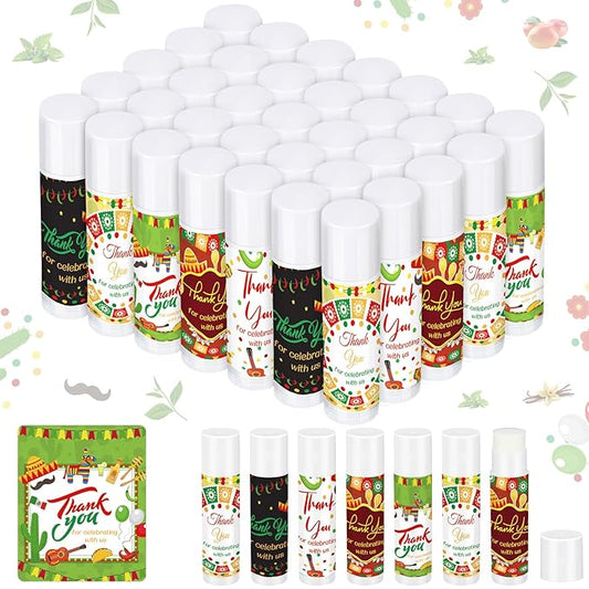 Dunzy 50 Pcs Thank You Gift Lip Balm Bulk Baby Shower Party Favors Bridal Shower Favor Lip Care with Assorted Fruit Flavors Thank You Lipstick for Guest Basket Gift Stuffer (Mexico Party)-Velvo Beauty
