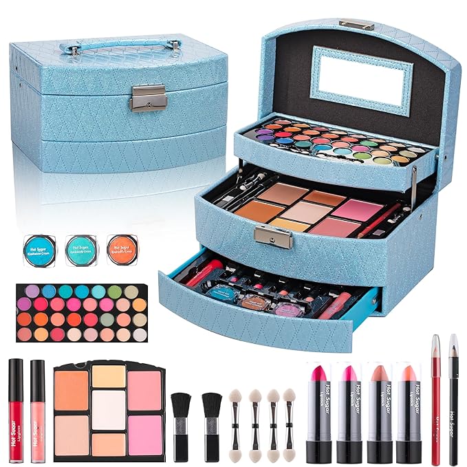 Hot Sugar Girls Makeup Kit for Birthday Gift, All in One Beginner Makeup Kit for Women Full Kit, Christmas Makeup Set for Teens 10 12 13 16 Includes Real Cosmetics and Makeup Tools (BLUE)-Velvo Beauty
