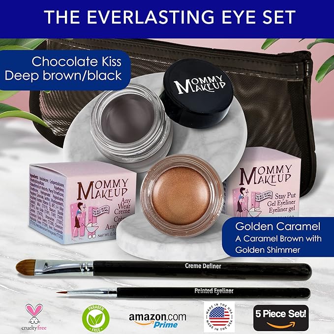 The Everlasting Eye 5 Piece Waterproof Makeup Set. Gel Eyeliner, Creme Eyeshadow, 2 brushes and Mesh Bag. Paraben-free, Talc-free, Cruelty-free. Golden Caramel/Chocolate Kiss 1502-Velvo Beauty