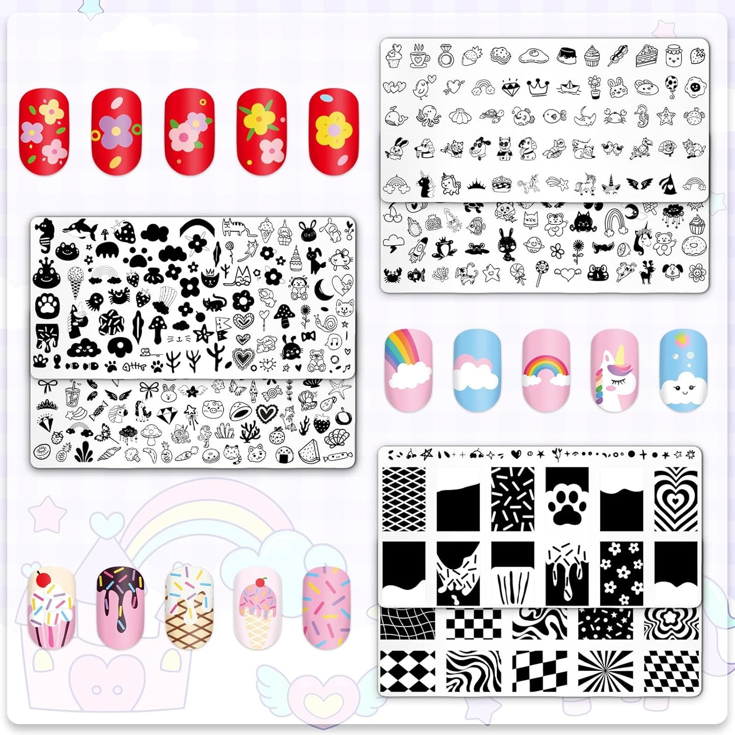 Whaline 6Pcs Kids Nail Plates Stamping Set Cute Animal Floral Dessert Stamp Templates Nail Art Plates for DIY Print Manicure Salon Design-Velvo Beauty