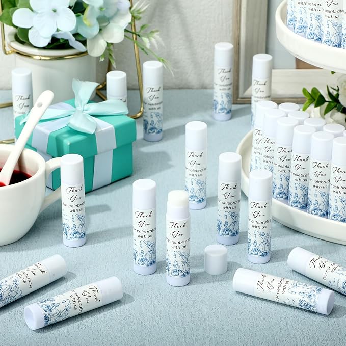 Dunzy 50 Pcs Thank You Gift Lip Balm Bulk Baby Shower Party Favors Bridal Shower Favor Lip Care with Assorted Fruit Flavors Thank You Lipstick for Guest Basket Gift Stuffer (Blue and White Porcelain)-Velvo Beauty