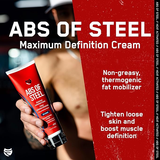 SteelFit Abs of Steel Maximum Definition Cream - Skin Tightening, Toning & Firming Lotion for Sculpting Abs - L-Carnitine Pre & Post Workout Supplement for Men & Women - Non-Greasy Formula, 8 Ounces-Velvo Beauty