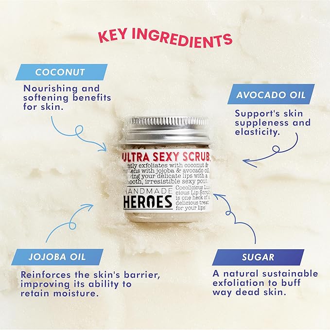 Handmade Heroes 100% Natural Lip Scrub, Vegan Conditioning Coconut Exfoliator - Gentle Exfoliant, Sugar Polish and Scrubber for Chapped Dry Lips, 1oz (Coconut Sorbet)-Velvo Beauty